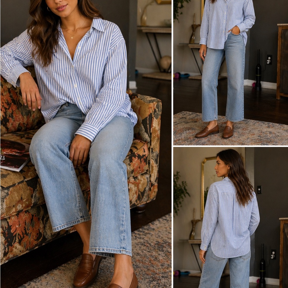 Anne Klein Blue White Striped Button-Down Shirt